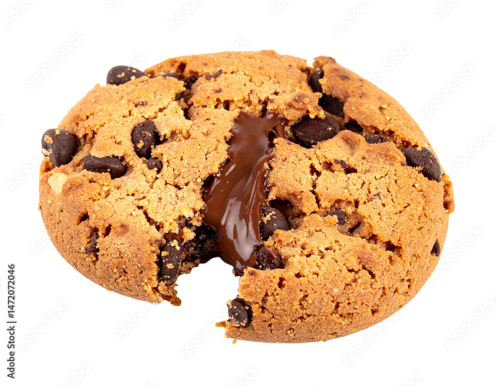 Chocolate Chip Cookie Isolated with Melted Chocolate Center Sweet Dessert Treat