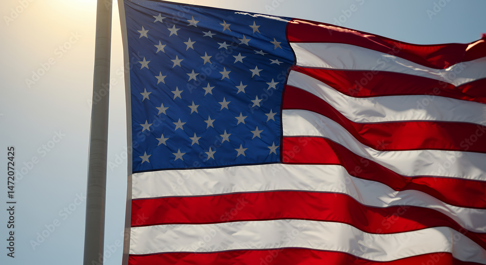 Fototapeta premium American Flag Waving: Patriotic Symbol of Freedom & Independence, Stars & Stripes Forever!
