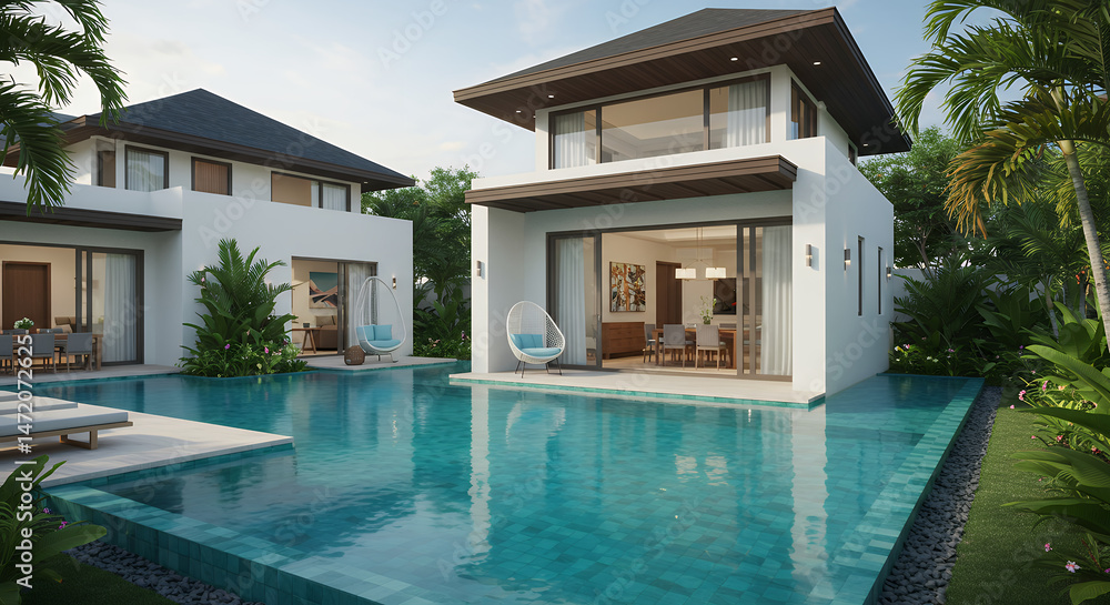 Fototapeta premium Tropical Oasis: Luxury Villa with Pool & Lush Gardens. Dream Getaway, Modern Architecture, Vacation Home Inspiration!