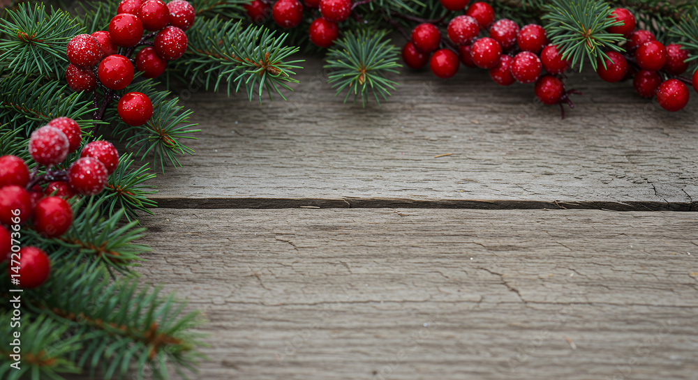 Festive Holiday: Red Berries & Green Pine on Rustic Wood - Christmas & Winter Decor Festive Holiday: Red Berries & Green Pine on Rustic Wood - Christmas & Winter Decor