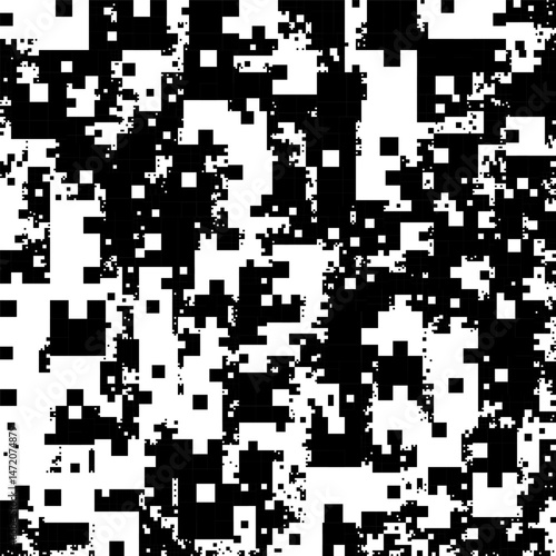 A high-contrast, abstract seamless pattern in black and white, featuring irregular, pixelated shapes that create a digital camouflage or noise-like texture.