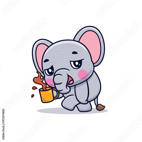 Cute Cartoon Elephant Holding Coffee Sleepy Tired Illustration Icon Vector, Animals Food And Drink, Cartoon Style Flat