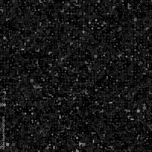 A dark, abstract seamless pattern composed of various sized black and gray squares and rectangles, creating a pixelated or digital noise texture.