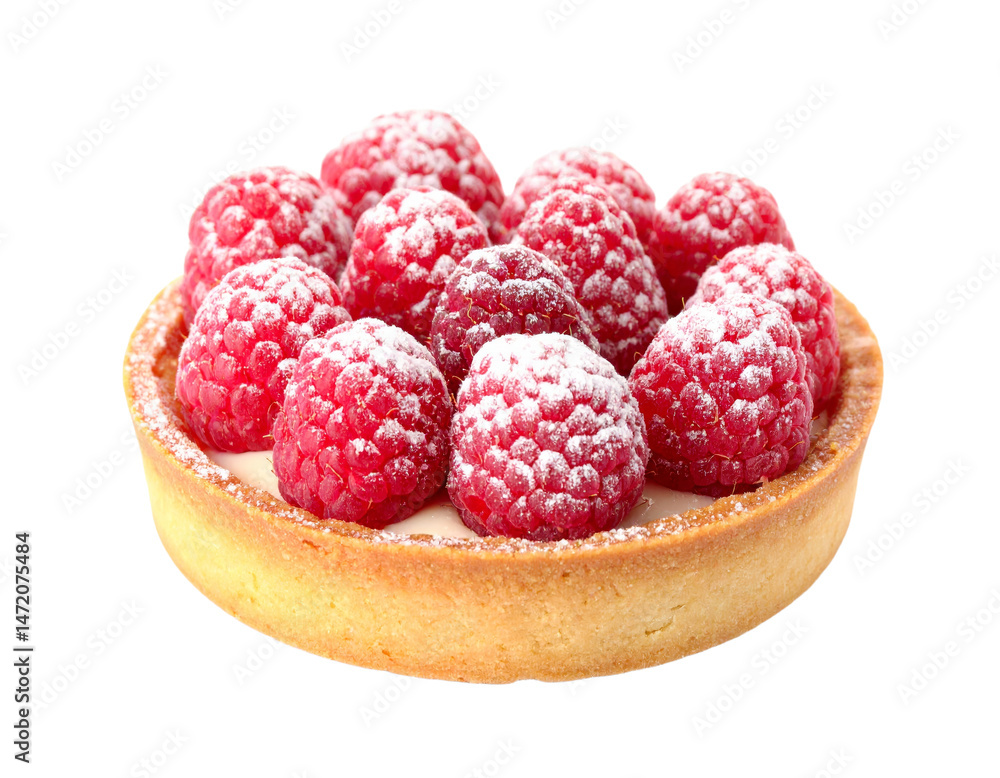 Delicious raspberry tart with powdered sugar isolated on transparent background food photography