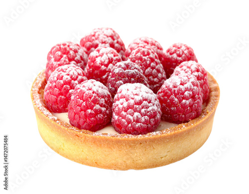 Obraz na płótnie Delicious raspberry tart with powdered sugar isolated on transparent background food photography w salonie