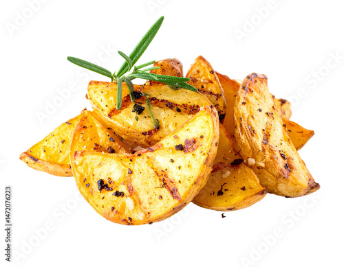Obraz na płótnie Grilled Potato Wedges with Rosemary Isolated on Transparent Background Tasty Food w salonie