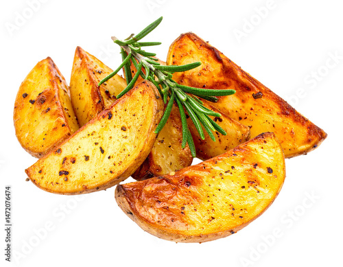 Roasted Potato Wedges with Rosemary Isolated on Transparent Background