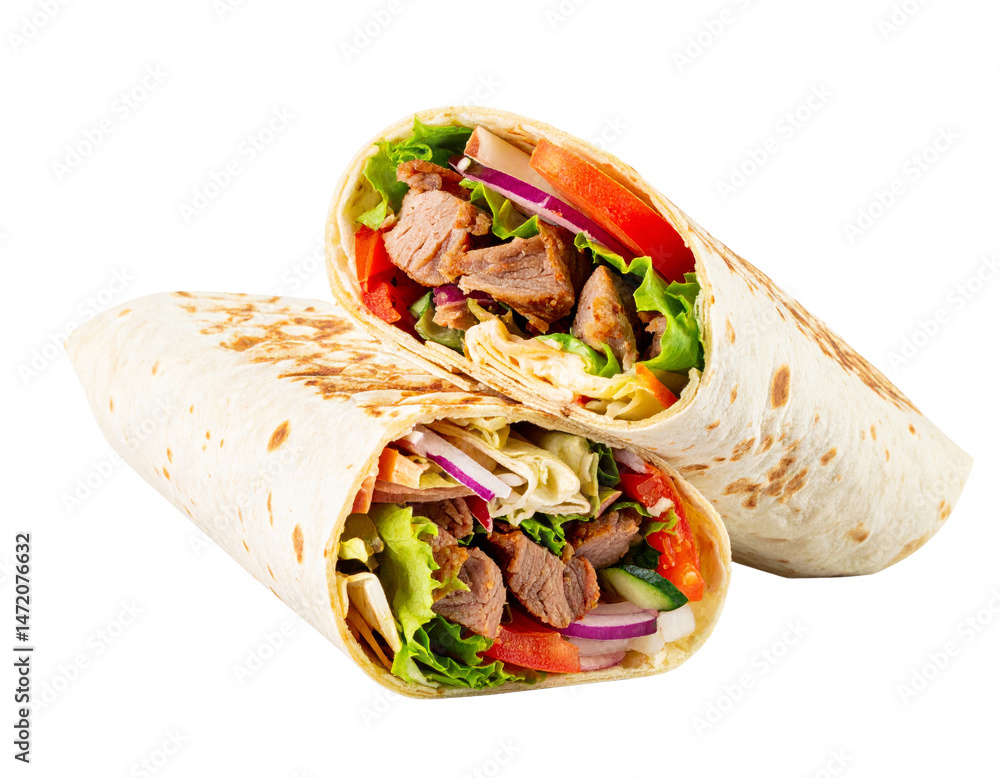 Delicious shawarma kebab wrap with meat and fresh vegetables isolated on transparent background