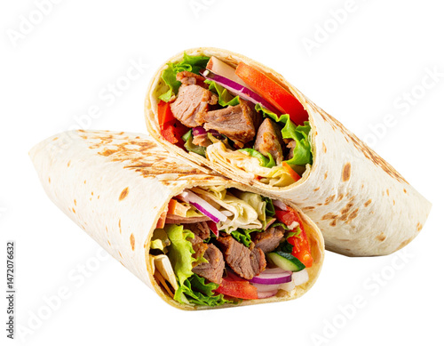 Delicious shawarma kebab wrap with meat and fresh vegetables isolated on transparent background