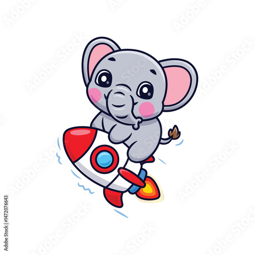 Cute Cartoon Elephant Riding Flying Rocket Illustration Icon Vector, Animals Technology, Cartoon Style Flat