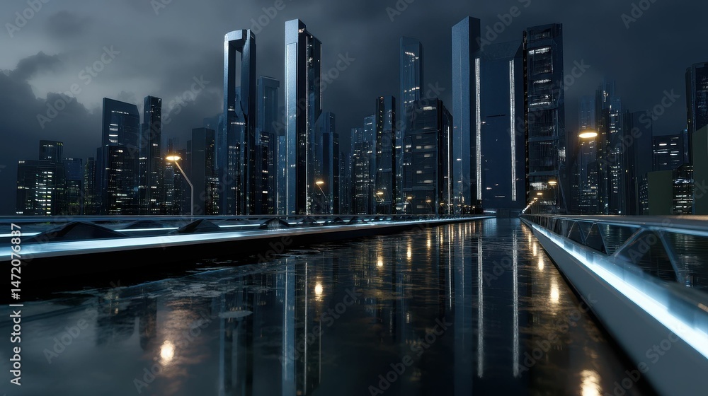 Naklejka premium Sleek Futuristic Cityscape with Towering Glass Architecture Under Night Sky