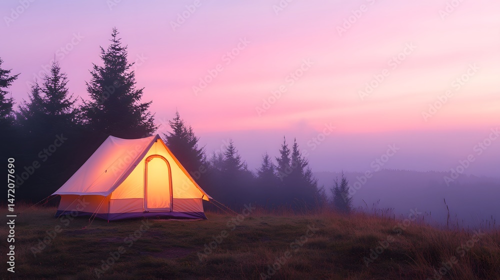 Illuminated Tent on Mountain Ledge at Twilight Illuminated Tent on Mountain Ledge at Twilight