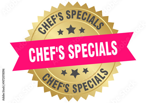 chef's specials. chef's specials round pink and gold label isolated on transparent background