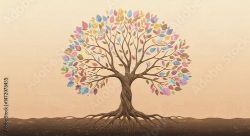 Colorful, stylized depiction of a majestic tree with roots.