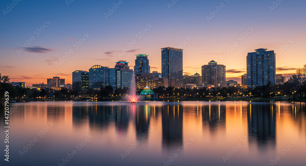 Obraz premium Orlando Skyline at Dusk: A Stunning Lake Eola Reflection - City Lights, Florida Beauty!