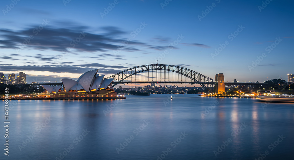 Naklejka premium Sydney at Dusk: Opera House & Harbour Bridge - Iconic Australian Landmarks in Evening Light