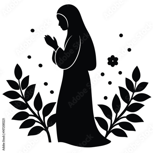 Silhouette of a Praying Nun Surrounded by Floral Wreath