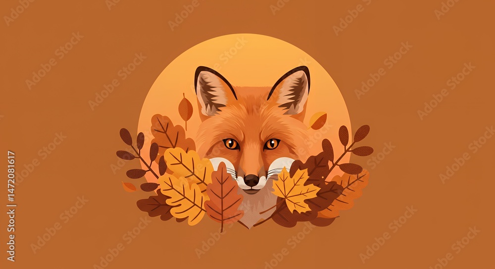 Obraz premium Autumnal Fox Portrait: A Stunning Illustration of a Red Fox Amidst Vibrant Fall Foliage