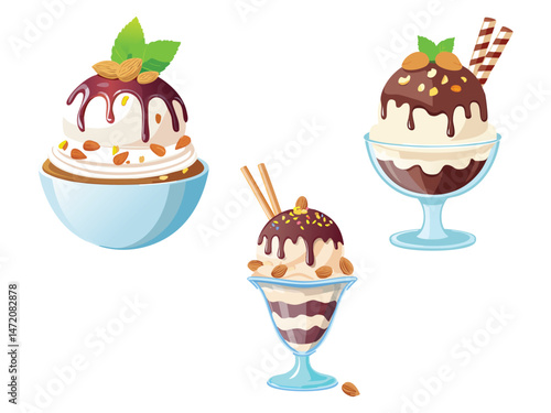vector illustration of an Ice Cream Sundae (Ice Cream with Toppings Like Chocolate Sauce and Nuts)