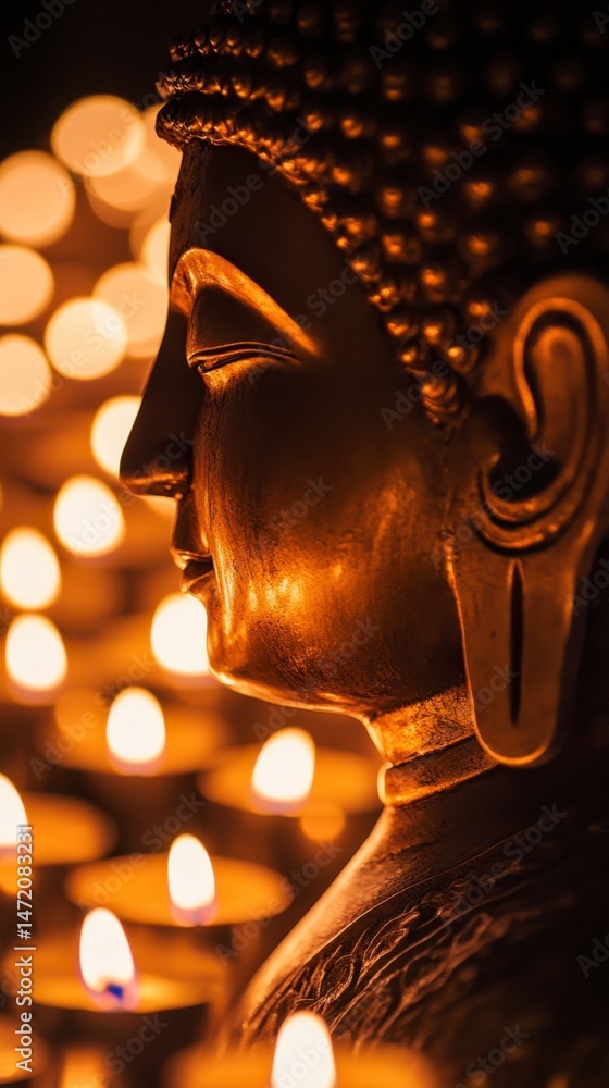 Obraz premium Serene Buddha Statue Illuminated by Candlelight in Soft Glow