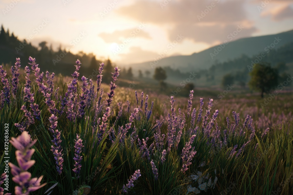 Fototapeta premium Sunrise over a field of blooming lavender, serenity