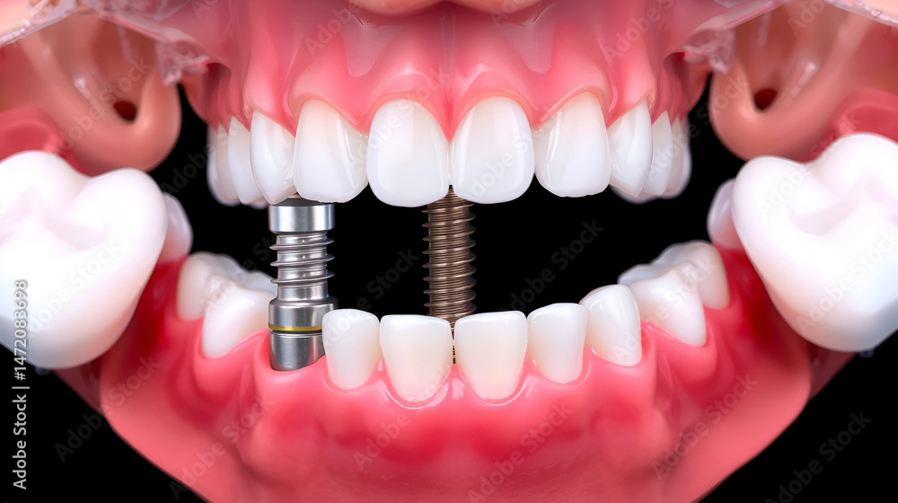Obraz premium Dental implant treatment in the aesthetic region of the front teeth in jaw surgery and dental dentistry. Intraoral bone-integrated dental implant treatment with bone grafting.