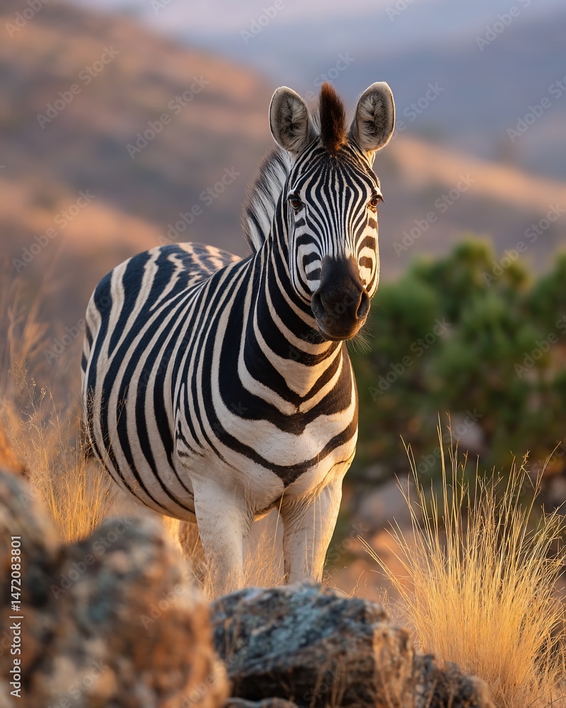 Obraz premium Zebra stands on rocks, tall dry grass and hilly background with golden light