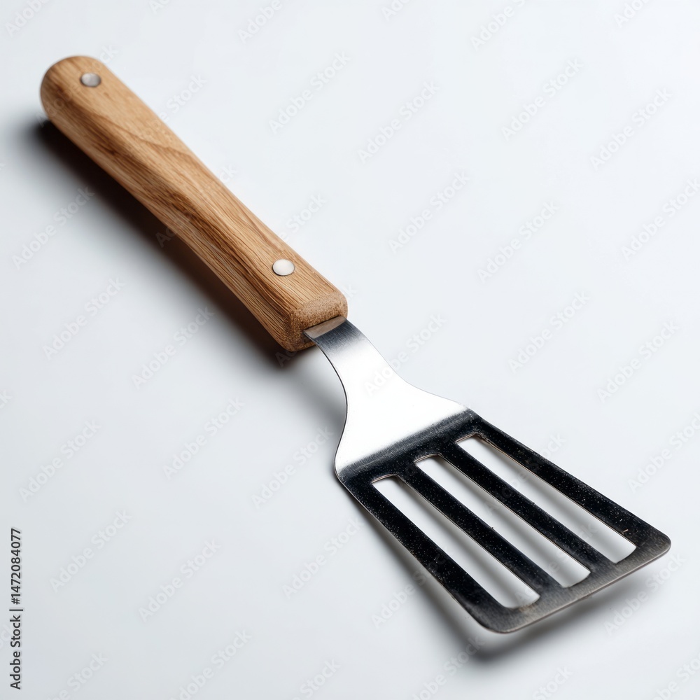 Naklejka premium Rustic wooden-handled metal spatula evokes culinary nostalgia, perfect for Pancake Day flips and quirky kitchen gadget enthusiasts