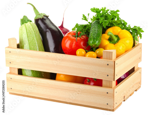 Fresh Vegetables in Wooden Crate Isolated Zucchini Eggplant Tomato Cucumber and Yellow Pepper