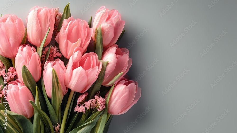 Obraz premium Beautiful bouquet of pink tulips on a surface. Happy Mother’s Day Floral Greeting Card