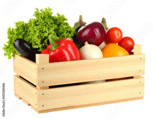 Fresh Vegetables in Wooden Crate Isolated Object Transparent PNG Healthy Food Still Life