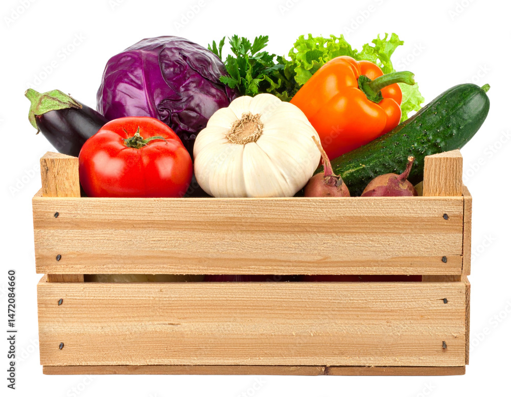 Fresh Vegetables in Wooden Crate Isolated Tomato Garlic Cucumber Eggplant Healthy