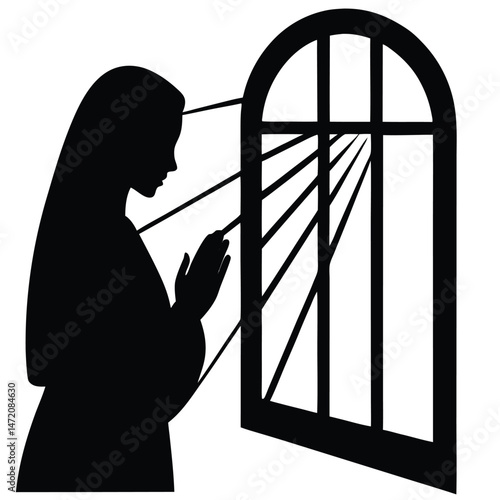 Silhouette of a Nun Praying by a Window, Spiritual Peace and Faith