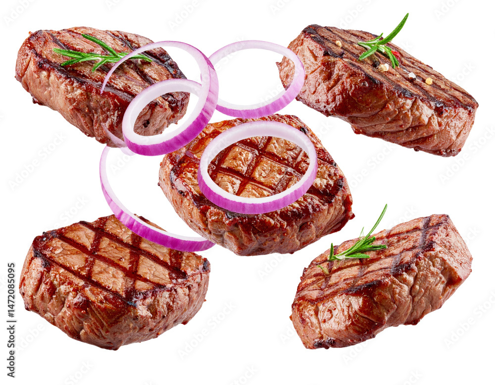 Grilled Steak with Onion Rings Isolated Delicious Beef BBQ Ready to Eat Food Photography