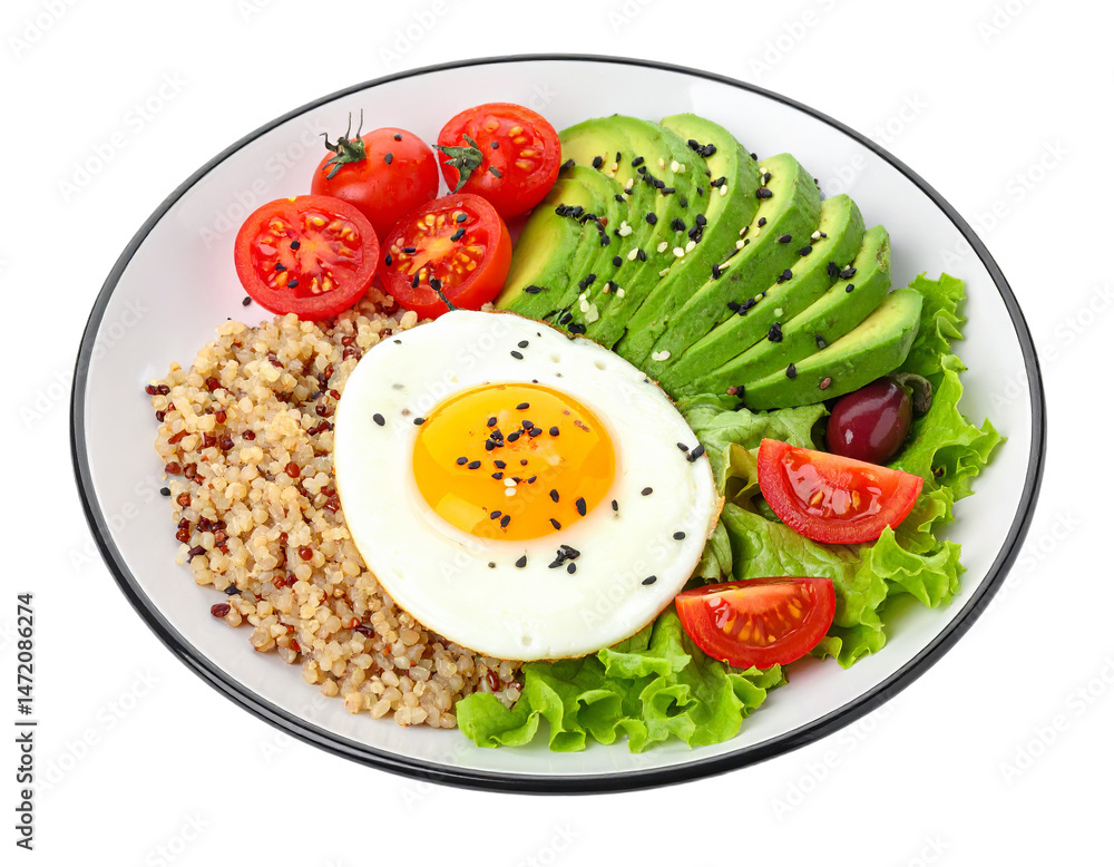 Healthy quinoa bowl with avocado egg and tomato isolated on transparent background