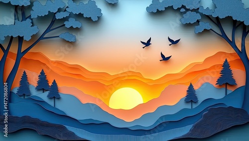 Paper Cut Layered Landscape at Sunset