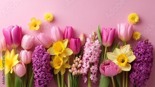 Colorful spring flowers on soft pink background. Happy Mother’s Day Floral Greeting Card