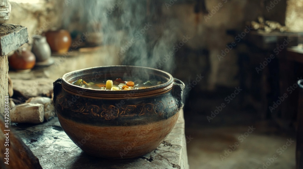 Steaming Vegetable Soup in Rustic Clay Pot Steaming Vegetable Soup in Rustic Clay Pot