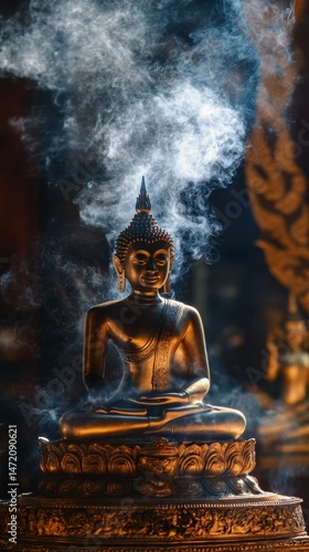 Wallpaper Mural Serene Buddha Statue Surrounded by Ethereal Smoke in Dim Light Torontodigital.ca
