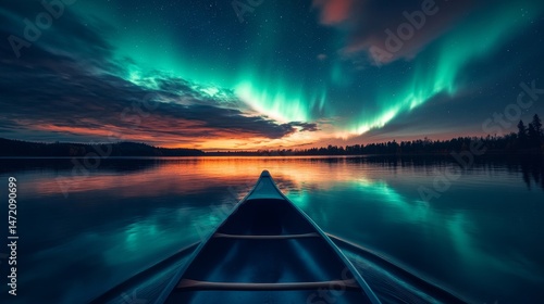 Wallpaper Mural A tranquil canoe on a lake, reflecting auroras. Torontodigital.ca