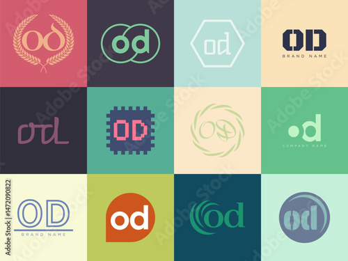 OD logo company template. Letter o and d logotype. Set different classic serif lettering and modern bold text with design elements. Initial font typography.