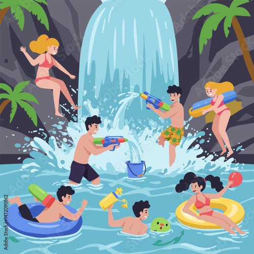People Enjoying Waterfall and Playing with Water Guns on Vacation
