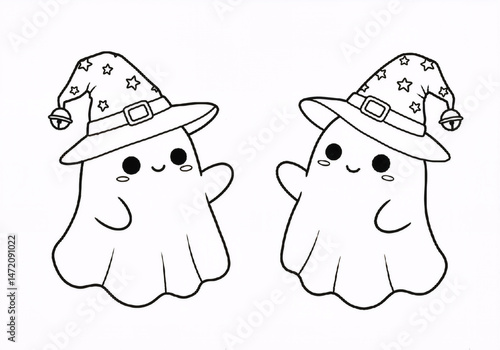 Cute ghosts wearing witch hats outline doodle cartoon illustration. easy coloring page. Ready to print.