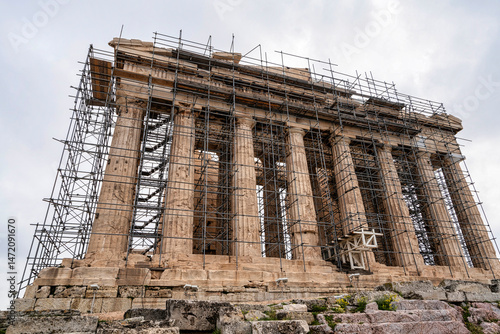 Parthenon Temple Covered in Restoration Scaffolding