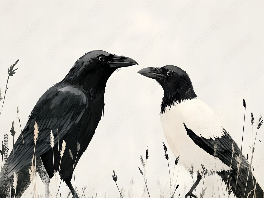Fototapeta premium Two stylized ravens face each other amidst muted grasses in a minimalist black and white illustration.