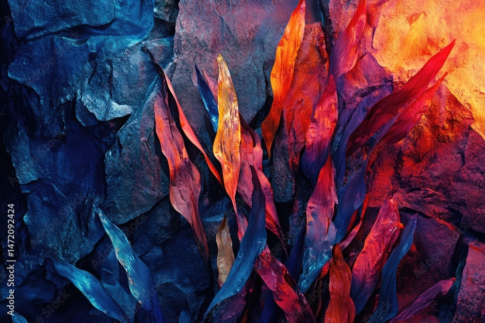 An abstract, vibrant composition featuring colorful leaves nestled against textured rock formations in shades of blue, orange, and red. An abstract, vibrant composition featuring colorful leaves nestled against textured rock formations in shades of blue, orange, and red.