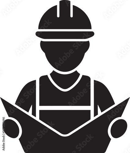 A Civil Engineering Silhouette, Blueprint Holder in Hard Hat on White Square Background, vector illustration of a worker with helmet
