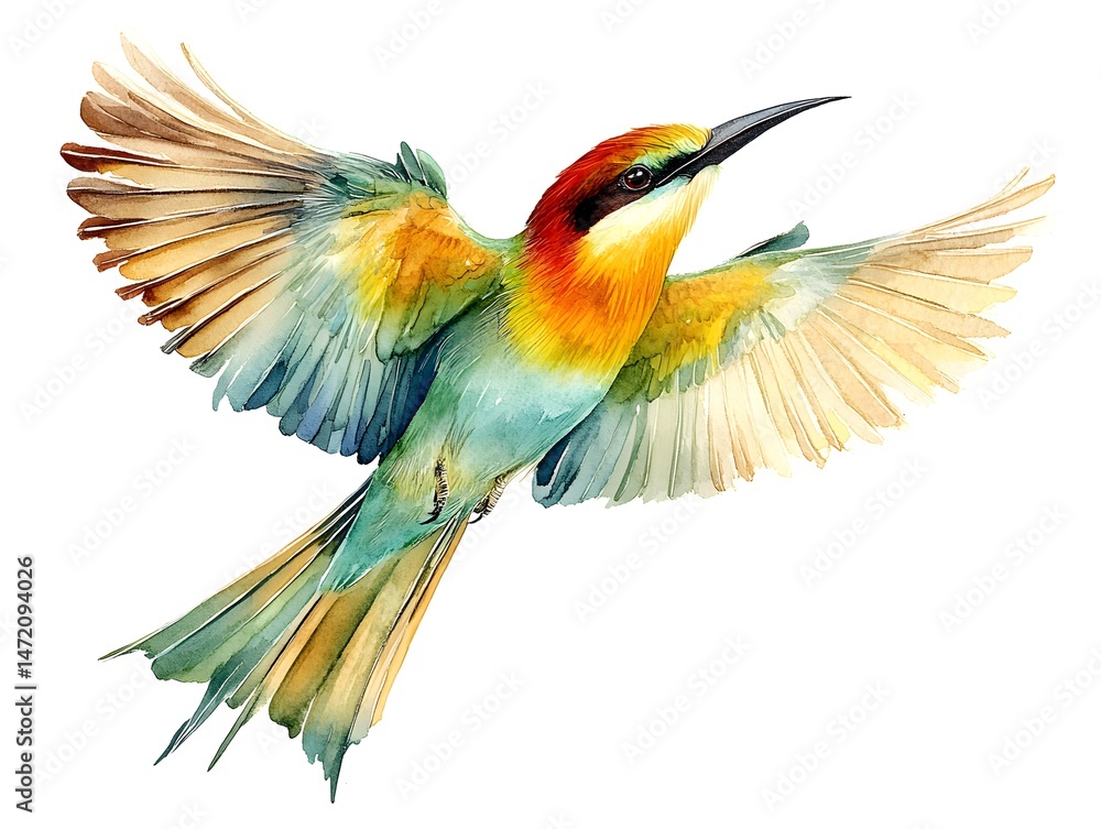 Fototapeta premium A vibrant watercolor painting depicts a bee-eater bird in flight with wings outstretched against a white background.