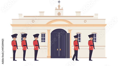 Frustrated palace guards returning after a long duty shift, wearing traditional uniforms and helmets, showing tired and annoyed expressions, set against a historic royal palace background