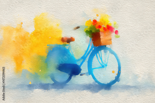 Watercolor illustration of vintage bicycle with basket of colorful flowers and bright yellow background creating cheerful mood